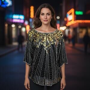 Swee Lo Vintage 70s Black And Gold Sequins 100% Silk Tribal Goddess Motif Sz S